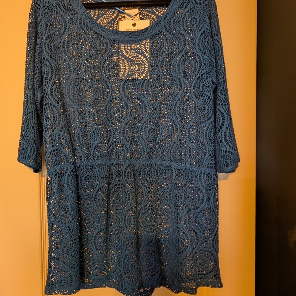 Exofficio Blue 3/4 Sleeve Boxy Tunic Coverup